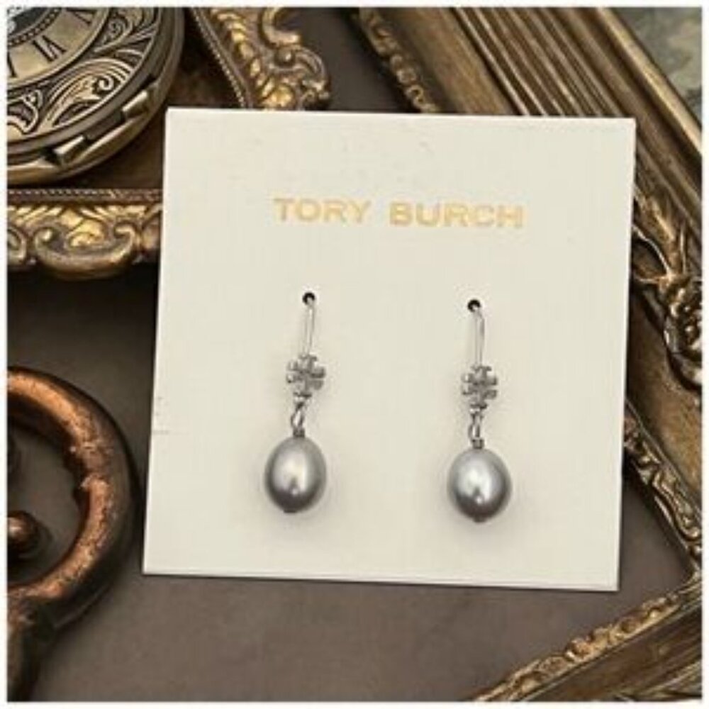TORY BURCH ? Silver Gray Pearl Drop Logo Earrings - Picture 4 of 4